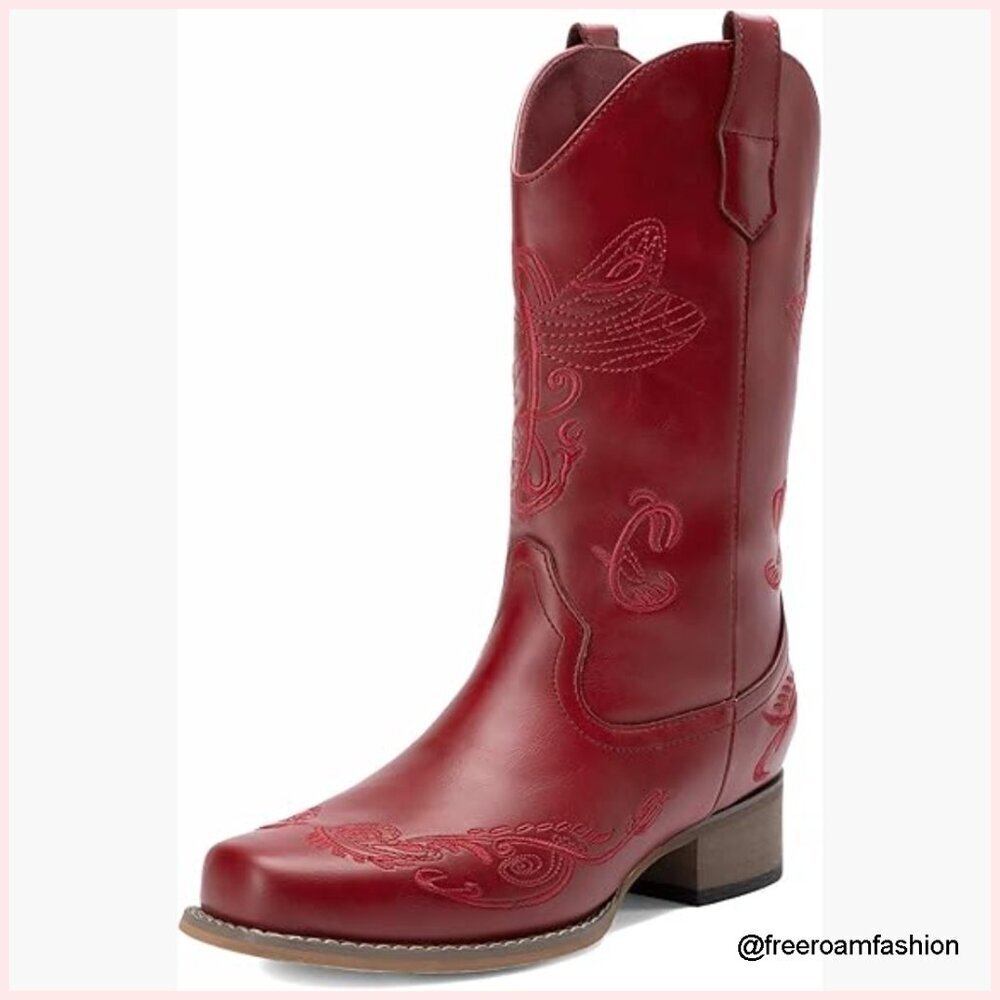 Women's Square Toe Cowboy Boots Mid Calf Western Pull On Chunky Heel